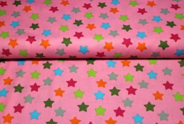 1m Baumwollstoff rosa mit bunten Sternen (Gratis ab 50€ Warenwert)