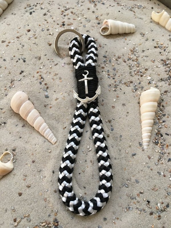 1x Schlüsselanhänger aus Segeltau mit Takling-Knoten, schwarz / weiß, schwarz