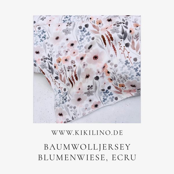 Baumwolljersey Aquarell-Blumenwiese, ecru